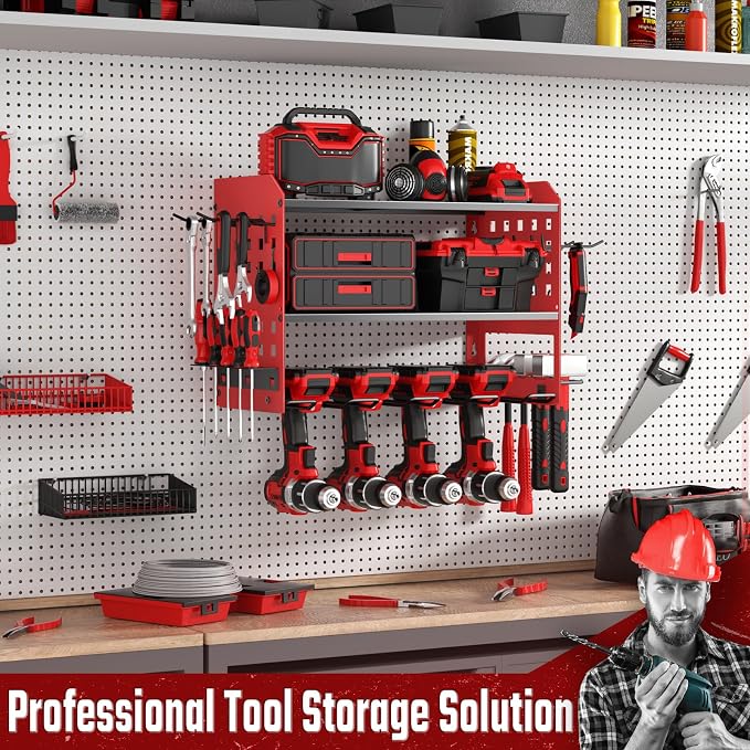 SUNALLY Power Tool Organizer, Heavy Duty Wall Mount Tool Organizer 3 Layers with 4 Drill Holders, Garage Tools Storage Rack with 2 Side Pegboards and Hooks for Workshop, Shed, Red