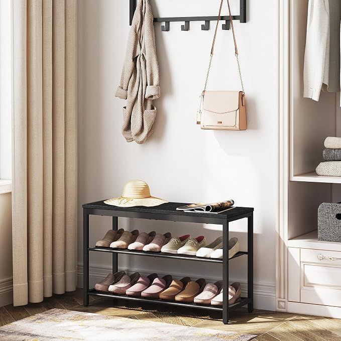 HOOBRO Shoe Bench, 3-Tier Shoe Rack, Industrial Shoe Organizer Storage Bench, 29.5 inches Entry Bench with Mesh Shelves, for Entryway, Living Room, Hallway, Easy Assembly, Black BB75HX01