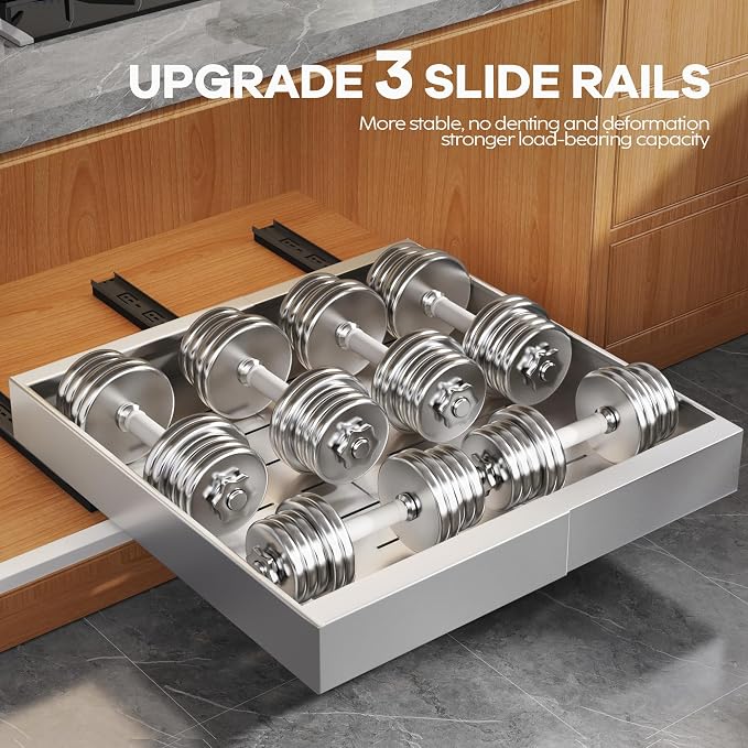 Seinloes 2 Pack Expandable Width (15.15"-26.3") Pull Out Cabinet Organizer 21" Deep with Raising Pad for Framed Cabinets, Upgrade 3 Slide Rails Slide Out Drawers, Roll Out Shelves Adhesive, Silver