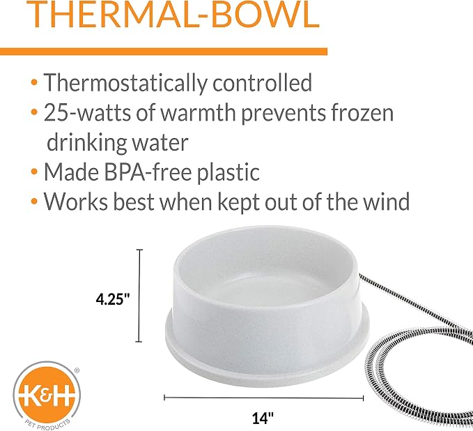 K&H Pet Products Thermal-Bowl Heated Water Bowl for Cats & Dogs Outside, Safety Listed Outdoor Heated Dog Dish for Pets, Automatic No Freeze, Anti Chew Cord - 1.5 Gallons Granite 25W | Outdoor Water Stays Unfrozen In Winter. Outdoor Heated Dog Dish for...