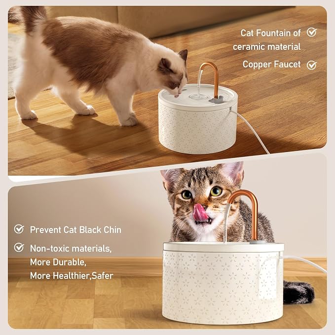 DOOOB Ceramic Cat Water Fountain, 2.1L/71oz Cat Fountain, Automatic Ceramic Water Fountain for Cats, Pet Water Fountain with Ultra-Quiet Pump and 3 Filters & 3 Sponges (Firework Embossed)