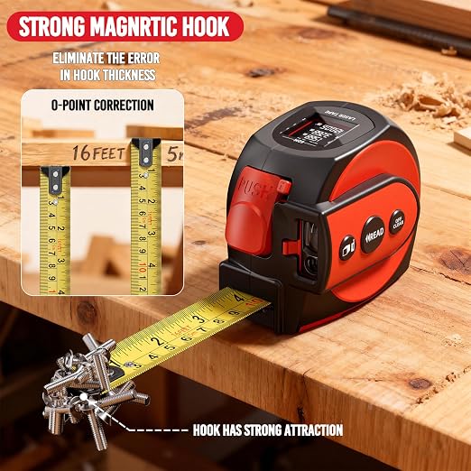 SENDA 3-in-1 Laser Tape Measure - 197Ft Rechargeable Laser Measuring Tape with Led Display & 16Ft Measuring Tool with Magnetic Hook & Auto Lock -20 Data Sets,Pythagorean/Area/Volume,Ft/Ft+in/in/M Unit