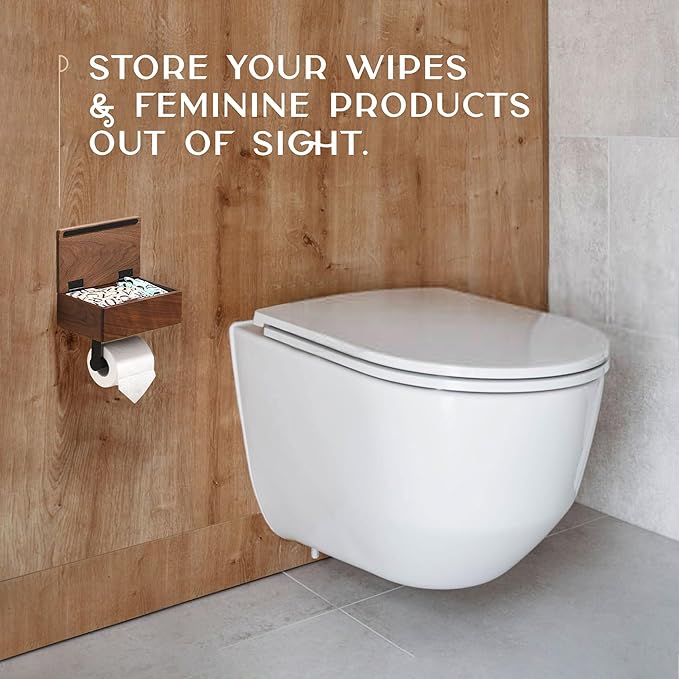 Day Moon™ - Toilet Paper Holder with Shelf - Modern Roll Holder for Bathroom - 1 Pack - Wall Mount - with Storage, Wood