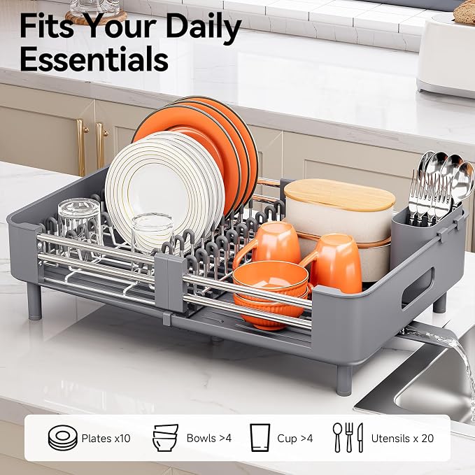 Urackify Stainless Steel Dish Drying Rack - Dish Drainer for Kitchen Counter, Extendable Drainboard with Foldable, Space-Saving Cup & Bowl Organizer, Includes Knife and Utensil Holder, Gray