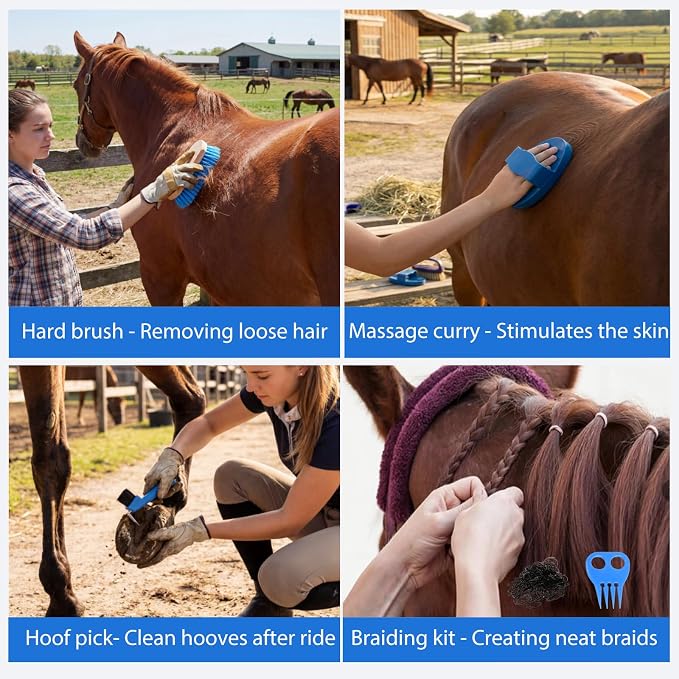 13 Piece Horse Grooming Kit, Horse Brushes for Grooming Supplies with Portable Bag, Horse Brush Set & Curry Comb for Effective Bathing and Massaging, Gift for Horses Riders Beginners (Blue)