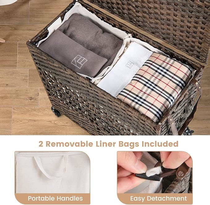 Giantex Laundry Hamper with Wheels and Lid, 33 Gal (125L) Wicker Laundry Basket, 2 Removable Liner Bags, Handles and Pulling Strap, Synthetic Rattan Rolling Laundry Hamper Clothes Storage
