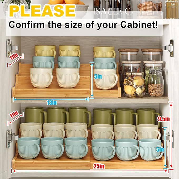 Hongtamoya 3-Tier Expandable Bamboo Mug Holder For Countertop Coffee Cup Holder Display Mug Organizer Mug Rack for Coffee Bar Organizer Mug Shelf for Cabinet for Kitchen, Home