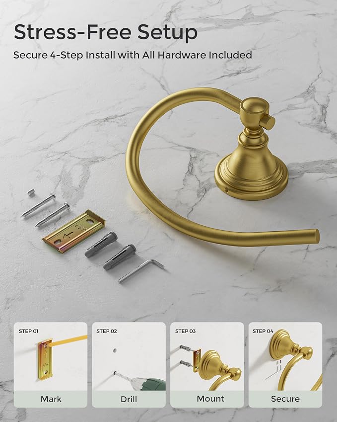 Gold Towel Ring for Bathroom, Stainless Steel Hand Towel Holder Wall Mounted, Brushed Finish Towel Holder Heavy Duty Towel Hanger for Bath