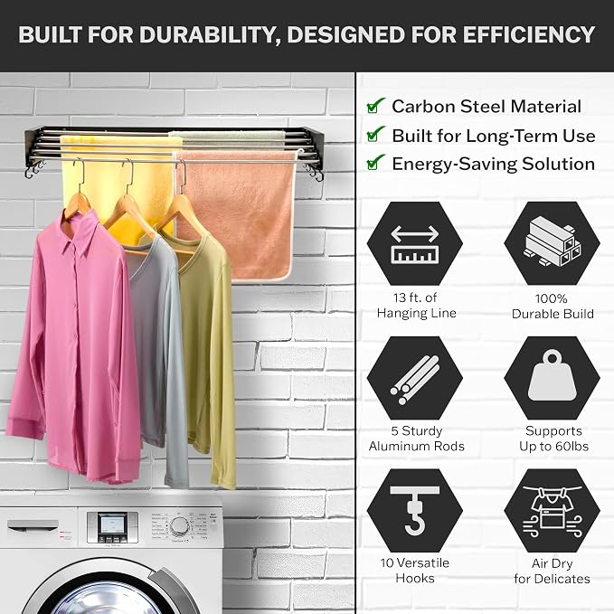 Foldable Wall Mounted Drying Rack - 31.5” Wide, 13.2 Ft Drying Space, 5 Aluminum Rods, Supports Up to 60 lbs - Retractable & Foldable Space-Saving Wall Mounted Clothes Drying Rack (Black)