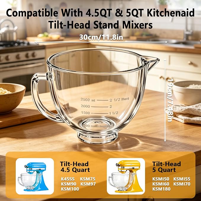 5QT Glass Mixing Bowl for KitchenAid 4.5-5 Quart Tilt-Head Stand Mixers | Double-Layer Thickened Mixing Bowl Replacement for Kitchen aid with Measurement Markings Pour Spout & Handle, Dishwasher Safe