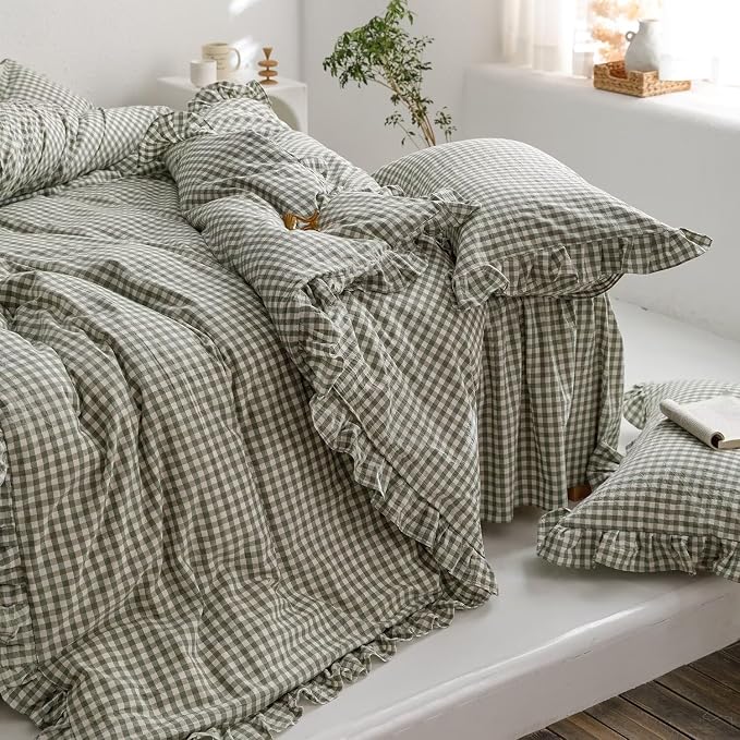 mixinni Green Gingham Ruffle Duvet Cover Queen Size 3 Pieces – 100% Washed Cotton, Vintage Plaid Ruffled Bedding Set with Zipper Ties, Soft Checkered Grid Farmhouse Chic Comforter Cover Set