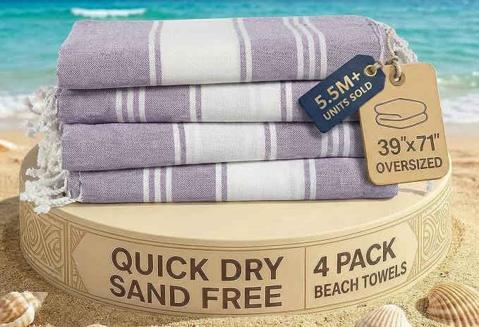 LANE LINEN Beach Towels 4 Pack Oversized, Turkish Towel Set, XL - Day Break | Pre-Washed Oversized Beach Towel - 39"x71", Vacation Essential - Machine Washable, Travel & Camping - Super Absorbent, Soft
