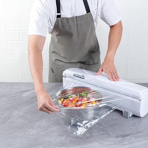 Restaurantware-Chef 101 Food Wrap Dispenser with Cutter, 1 Refillable Cling Wrap Dispenser - Fits 12” to 18” x 2000’ Rolls, Press Down and Cut, White Plastic Aluminum Foil, Sharp Blade