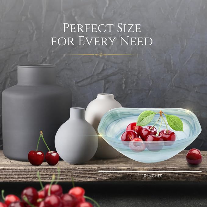 Badash Decorative Glass Serving Bowl, Alabaster Glass Centerpiece Fruit Bowl, Home Décor Table Accent Bowl, 10” Diameter, Aqua Blue