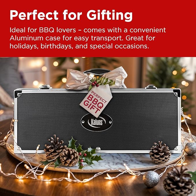 Kaluns 32 Psc Grilling Accessories, Dad Gifts for Fathers Day, Heavy Duty Stainless Steel Grill Set BBQ Grill Accessories for Outdoor Grill with Aluminum Case and Apron, Best Gifts for Men
