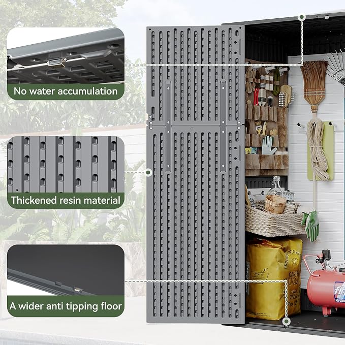 Aoxun Outdoor Storage Shed with Floor, 61 Cu.Ft Large Outdoor Storage Cabinet, Waterproof Vertical Resin Shed for Garden Tools, Pool Equipment, Dark Grey