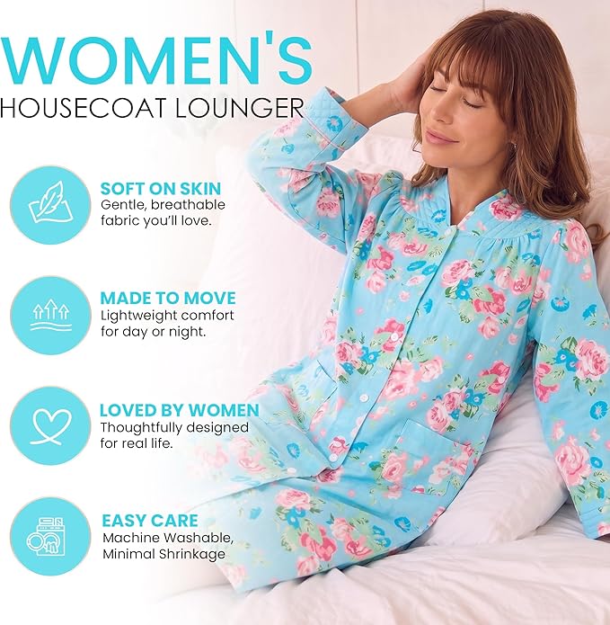 Casual Nights Women's Floral Snap Front Flannel Duster Long Sleeve Lounger Dress
