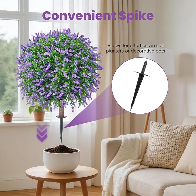 Artificial Lavender Ball Topiary Trees, 4 Pack | Ground Spike, No-Fade UV Resistant, Round Fake Plants, Outdoor Garden Yard Patio Decor