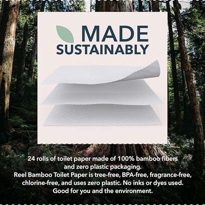Reel Premium Bamboo Toilet Paper - 12 Rolls of Toilet Paper - 3-Ply Made From Tree-Free - Zero Plastic Packaging, Septic Safe
