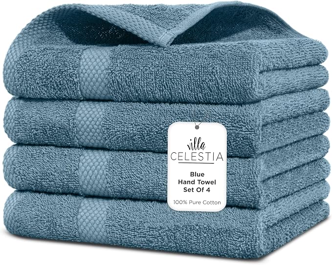Villa Celestia Cotton Hand Towels Set of 4, 16 x 28, Oeko-TEX Certified, Quick Dry, Blue