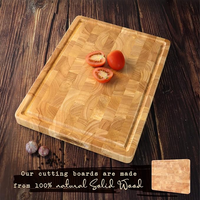 End Grain Cutting Board, Extra Large & Thick, End Grain Built-In Compartment and Juice Canal, Heavy Duty Chopping Board, Thick Carving Board for Bread Fruits Meat (17x13 Inches)