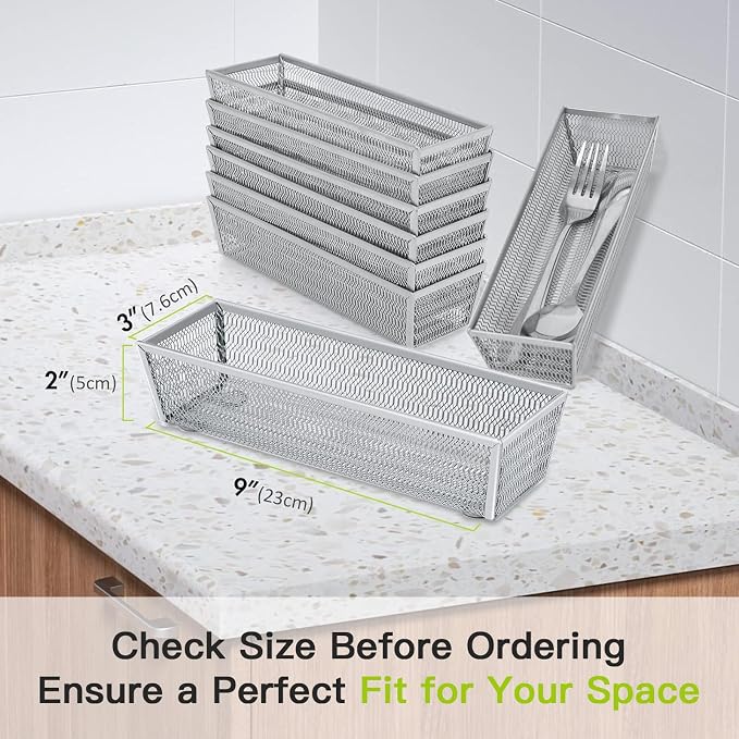 Neudeco Silverware Organizer, Silver, 9 * 3 * 2 inch, Pack 6 | Mesh Drawer Organizer, Metal Utensil Organizer, For Flatware, Knives, Spoons, Cosmetic