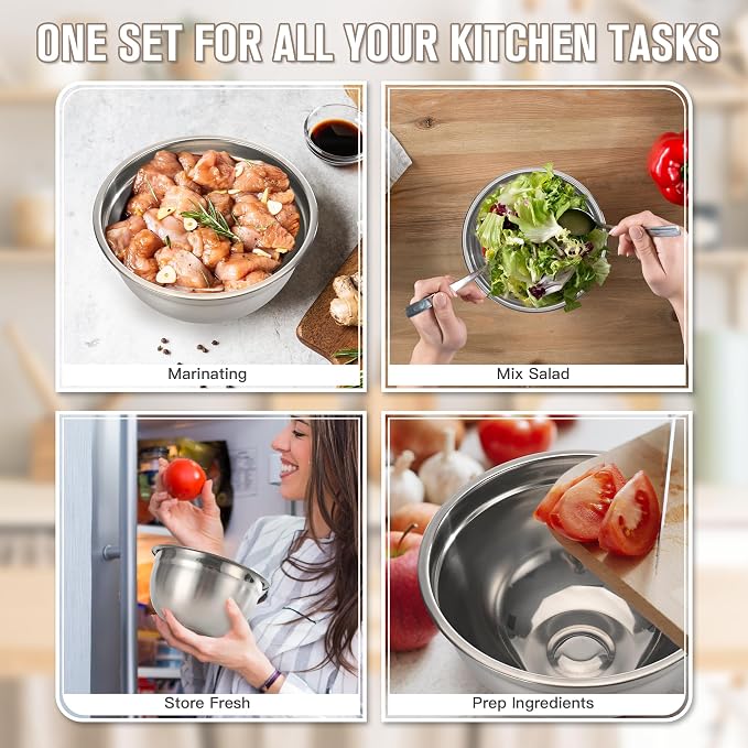21PCS Mixing Bowls with Lids Set, 7 Mixing Bowls & 14 Measuring Spoons, Stainless Steel Nesting Bowls for Baking & Cooking Prepping Space Saving Storage, Kitchen Essentials, 0.6-5.5QT