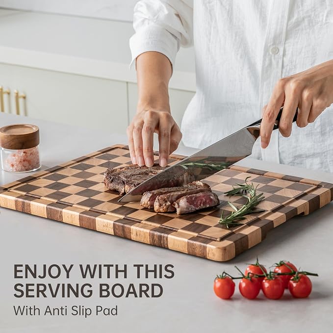 Cutting Boards for Kitchen, Checkered Wood Cutting Board | Walnut Chopping Board with Juice Grooves & Handles, Butcher Block Serving Tray with Gift Box 16" x 11" x 0.8"
