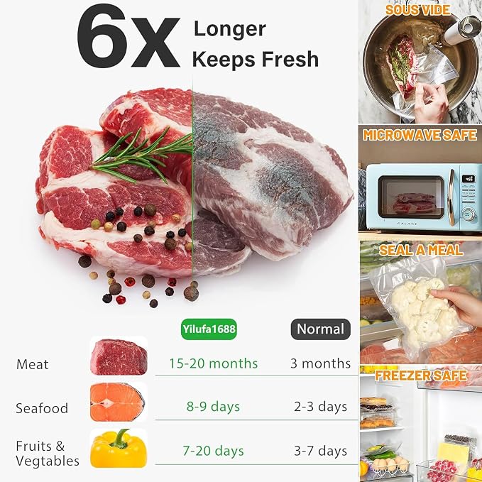Vacuum Sealer Bags for Food - 200 Pack 6"x10" Precut | Commercial Grade BPA-Free | 6X Freshness | Airtight Storage | Fits All Clamp Machines | For Food Saver, Freezer & Sous Vide
