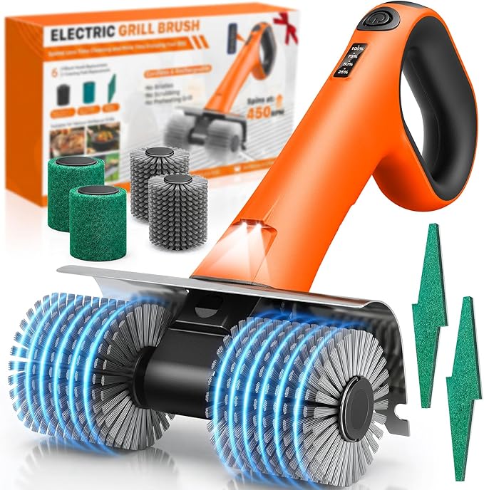 Electric Grill Brush, Cordless BBQ Grill Cleaner with Dual Rotating Heads, 450 RPM Motorized Grill Cleaning Brush with Forward & Reverse, LED Light, 6-Piece Replaceable Brush Set for Outdoor Grill