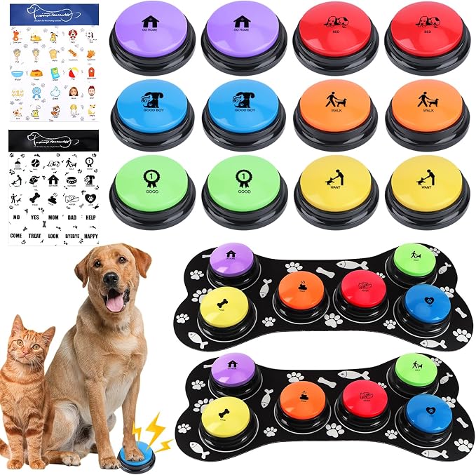 Dog Buttons for Communication, 12 Pcs Dog Talking Button Set, 30s Recordable Voice Pet Training Buzzers, Speaking Buttons for Dogs & Cats with 2 Mats,2 Scene Stickers (Batteries Not Included)