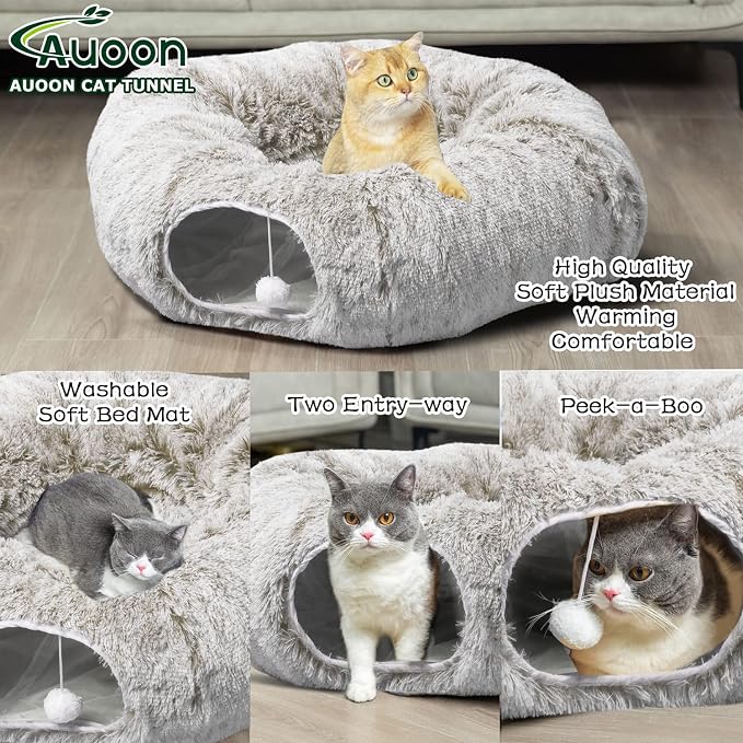 AUOON Plush Cat Tunnel Bed for Indoor Cats, 36" L x 36" W x 11.5" H, Khaki | 2 in-1 Interactive Cat Toy, with Hanging Ball Toy, Machine Washable Center Pad, for Kitten Puppy Rabbit Ferret