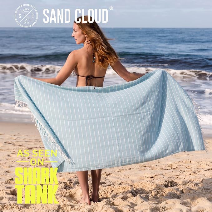 Sand Cloud Turkish Beach Towel - Sand Resistant & Quick Dry Towel | 100% Certified Organic Turkish Towel - Bath Towel or Beach Blanket for Picnic - As Seen on Shark Tank - Gocek (Sky Blue)