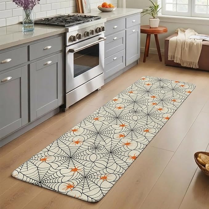 Halloween Bathroom Runner Rugs Non Slip Washable Absorbent Narrow Long Bath Mat Black Net Classic Spiders Gingham Orange Rustic Runner Rugs for Kitchen Hallway Bedroom Laundry Study Room 15.7"x47.2"