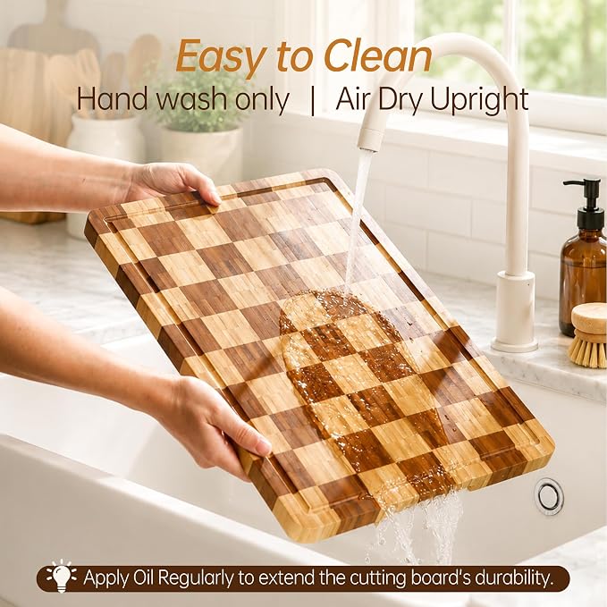Bamboo Cutting Boards for Kitchen, End Grain Wood Cutting Board with Juice Grooves & Handles, Charcuterie Checkered Chopping Board Thick Butcher Block Serving Tray with Gift Box, 16.5"×11.6"× 1"