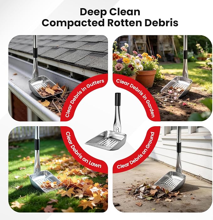 12 FT Gutter Cleaning Tools for Outdoor - Gutter Cleaner Pole with Shovel & Brush for Roof Rain Gutters, Cleans Leaves, Branches & Debris - No Ladder Needed (Red)
