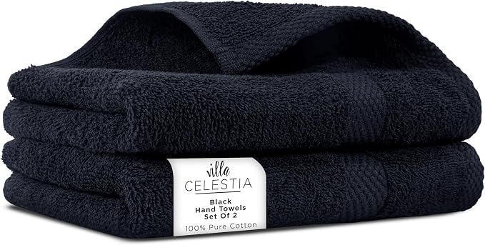 Villa Celestia Cotton Hand Towels Set of 2, 16 x 28, Oeko-TEX Certified, Quick Dry, Black