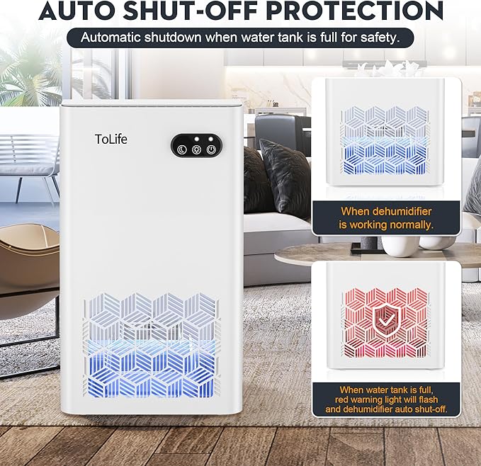 ToLife Dehumidifier for Home, 1000 sq.ft Dehumidifiers for Basement Bedroom Bathroom with 95 OZ Water Tank, Auto Shut Off 7 Colors LED Light, White Black