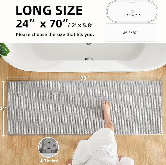 TYUU Bathroom Runner Rugs, Long Bath Mat Runner Washable Thin Quick Dry Low Pile Bathroom Runner Rugs Non Slip, Light Grey 24"x70"