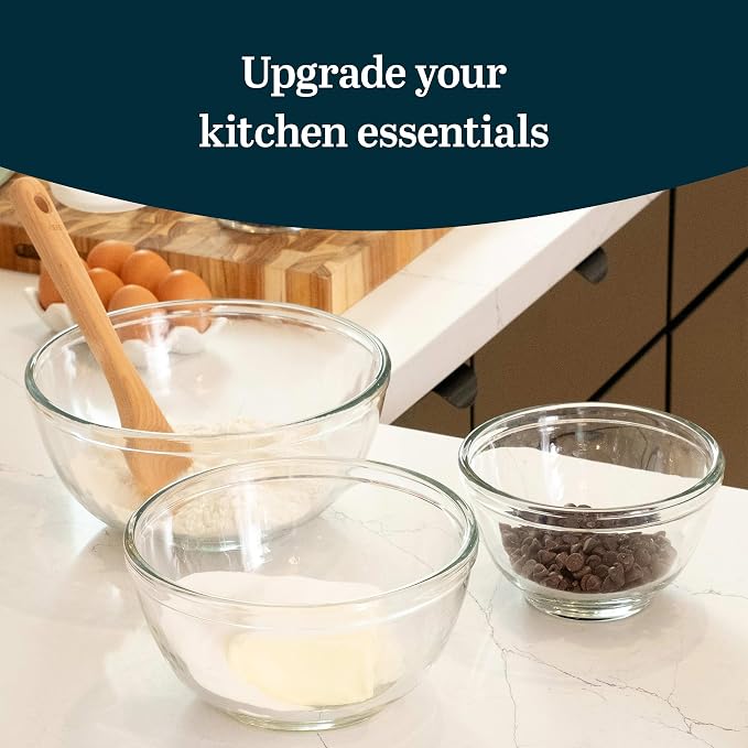 Libbey Baker's Basics 3-Piece Glass Mixing Bowls Set - Clear Bowls for Baking, Prep, Serving & Storage - Microwave, Oven, Freezer and Dishwasher Safe