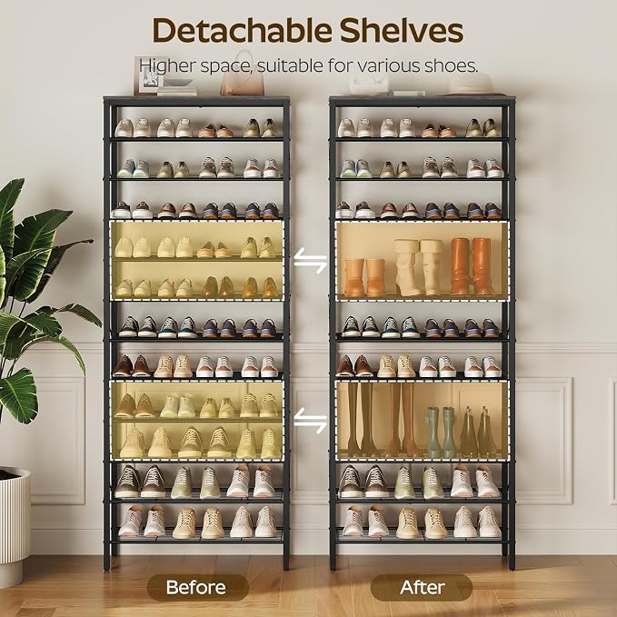 YATINEY 12 Tier Shoe Rack, Large Capacity Shoe Storage Organizer Holds 48 Pairs, Sturdy and Stable, for Entryway, Hallway, Closet, Dorm Room, Charcoal and Black SS12BC