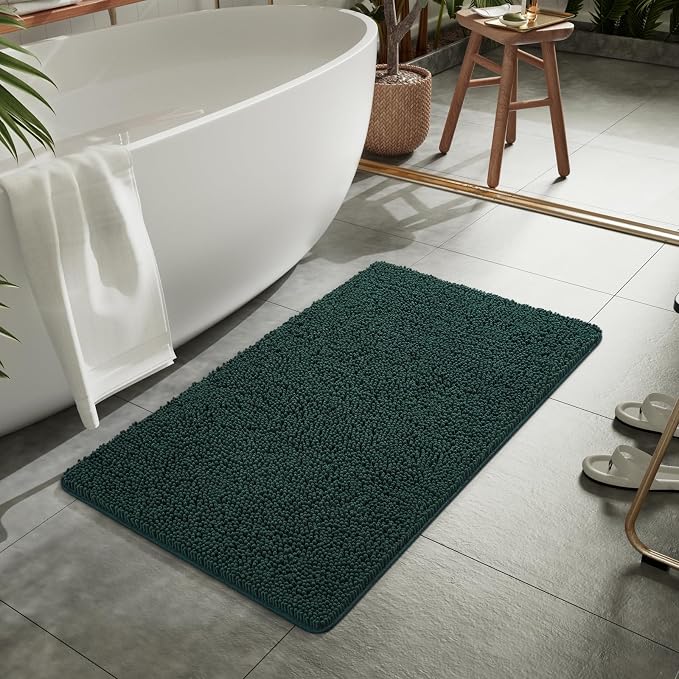 LOCHAS Luxury Bathroom Rug Shaggy Bath Mat 24 x 44 Inch, Hunter Green | Washable Non Slip Bath Rugs for Bathroom Shower, Soft Plush Chenille Absorbent Carpets