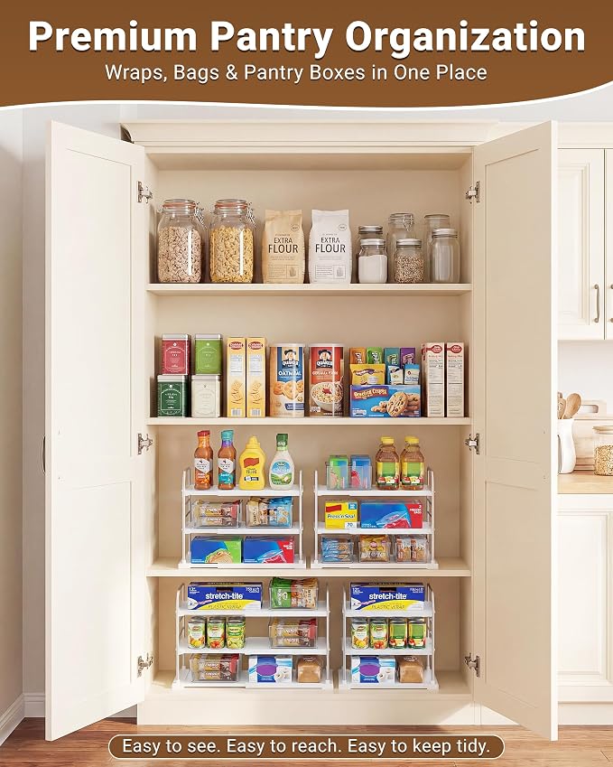 EVERIE Extendable 3-Tier Kitchen Cabinet & Pantry Organizer for Plastic Wrap, Foil & Storage Bags, Adjustable Heavy Duty Shelf Rack for Wrap Boxes, Jars & Snack Boxes (11–16.7 in Wide), Pack of 2