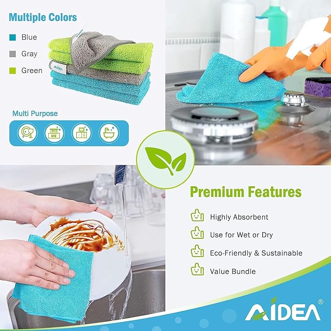 AIDEA Microfiber Cleaning Cloth-200PK, Soft Microfiber Towels for Cars, Absorbent Cleaning Rags, Lint-Free Streak-Free Wash Cloths for House, Kitchen, Window(12in.x12in)