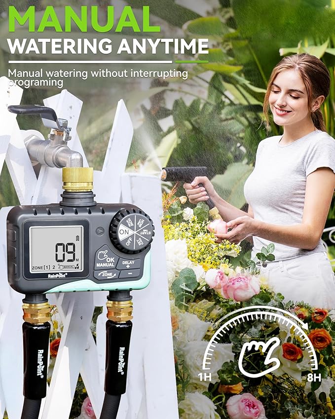 RAINPOINT 2 Zone Sprinkler Timer with Brass Inlet and Outlet - Water Timer for Garden Hose with Rain Delay/Manual Watering/Automatic Irrigation Controller System for Yard Lawn Garden(Blue)