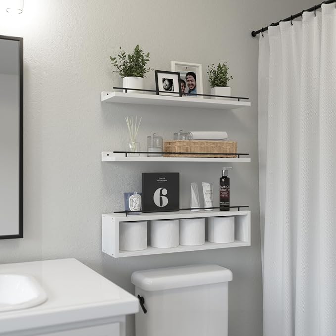 WOPITUES Floating Shelves for Wall 24 inch with Cube Shelf, Wall Shelves with Metal Rail for Bathroom Decor, Bathroom Organizers and Storage, Over Toilet Shelves, Toilet Paper-White