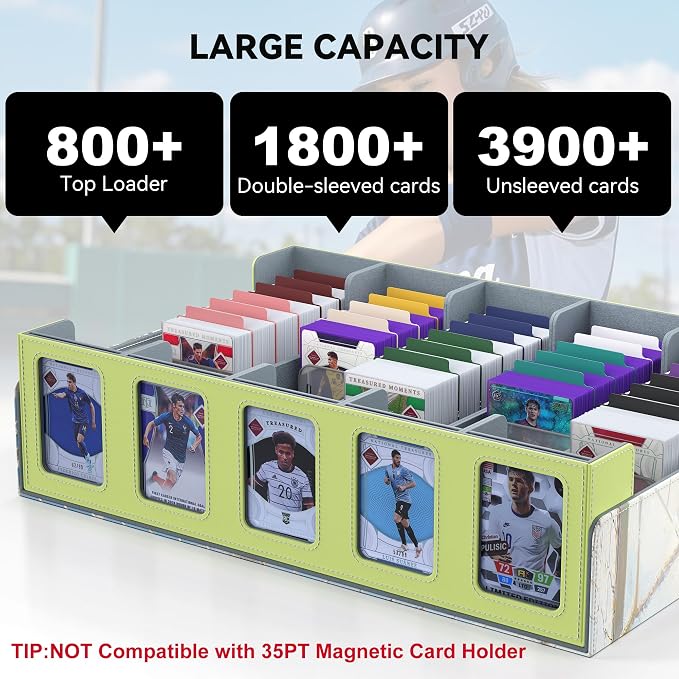 Kabinka Soccer Card Storage Box with Window Display, 5-Row Sport Card Storage Box, 3900+ Card Deck Box for Soccer Sports Card TCG, 5 Top Loaders, 5 Stoppers, 48 Dividers, 1 Dice Tray (Soccer 3)