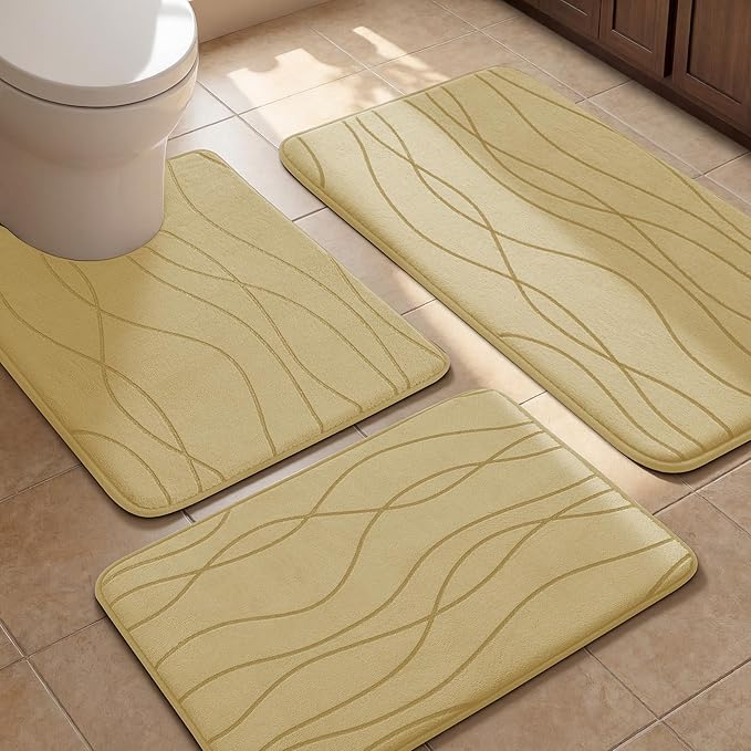 YIHOUSE Bathroom Rugs Set 3 Piece, Memory Foam Bath Mat Beige | Ultra Soft, Absorbent, Non-Slip, Machine Washable, for Bathroom, Sink and Toilet