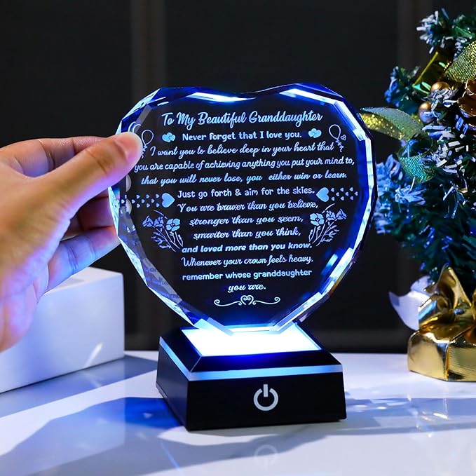 Arikyrist Gifts for Granddaughter Mothers Day Granddaughter Gifts from Grandma - Crystal Heart Plaque with LED Base Meaningful Granddaughter Presents on Birthday Graduation Wedding Christmas