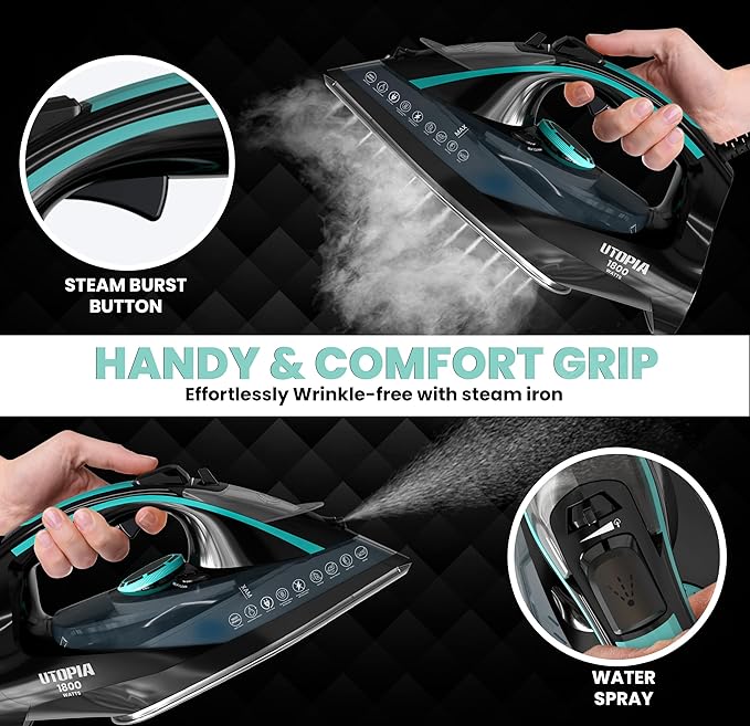 Utopia Home Steam Clothes Iron - 1800W (Black Teal) Non-Stick Soleplate | Nonstick Soleplate With Auto-Off Safety Feature - Adjustable Thermostat Control, Variable Steam Control, Self-Clean, 8ft Cord